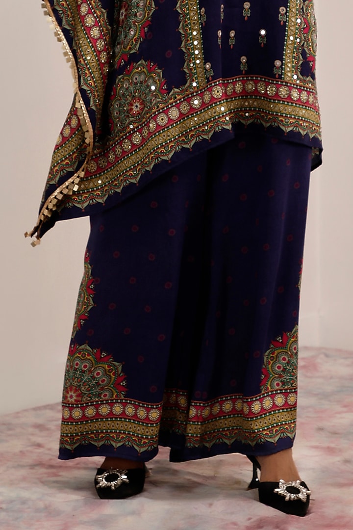 Indigo & Purple Russian Cotton Silk Printed & Embroidered Kaftan Set by Surkh Syahi at Pernia's Pop Up Shop