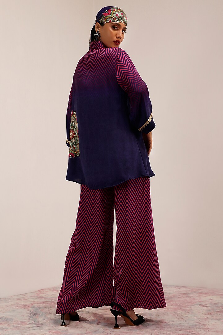 Indigo & Purple Russian Cotton Silk Printed & Embroidered Tunic Set by Surkh Syahi at Pernia's Pop Up Shop