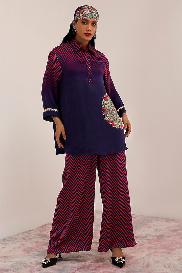 Indigo & Purple Russian Cotton Silk Printed & Embroidered Tunic Set by Surkh Syahi at Pernia's Pop Up Shop