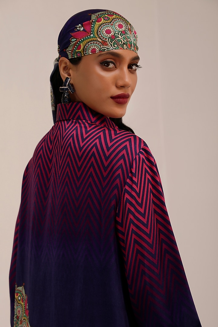 Indigo & Purple Russian Cotton Silk Printed & Embroidered Tunic Set by Surkh Syahi at Pernia's Pop Up Shop