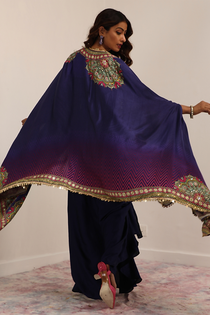 Indigo & Purple Russian Cotton Silk Printed & Embroidered Cape Set by Surkh Syahi at Pernia's Pop Up Shop