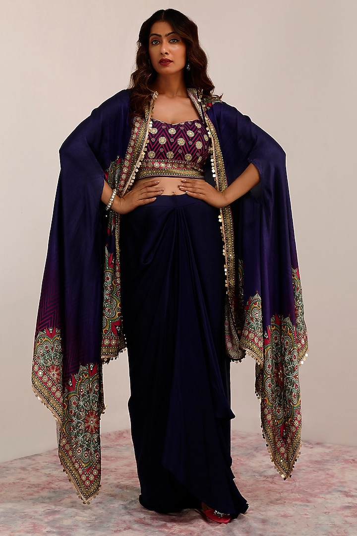 Indigo & Purple Russian Cotton Silk Printed & Embroidered Cape Set by Surkh Syahi at Pernia's Pop Up Shop