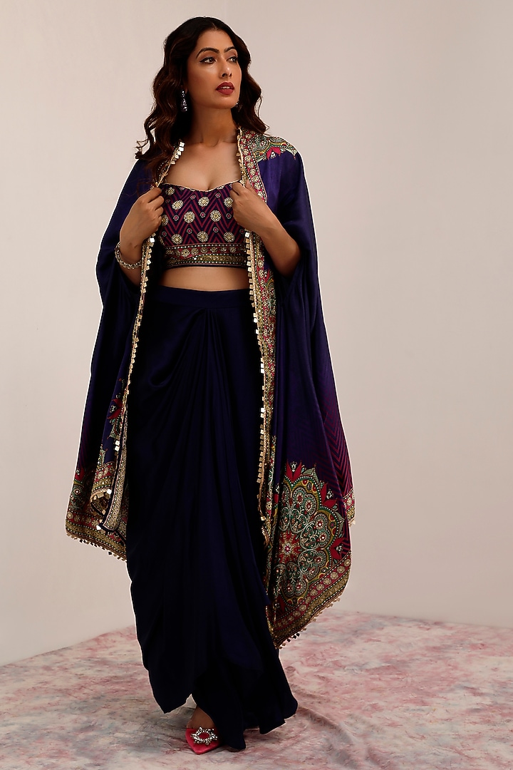 Indigo & Purple Russian Cotton Silk Printed & Embroidered Cape Set by Surkh Syahi at Pernia's Pop Up Shop