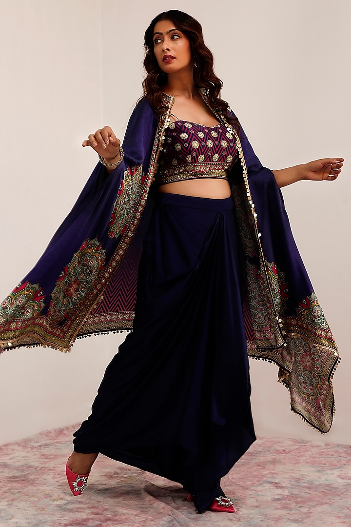 Indigo & Purple Russian Cotton Silk Printed & Embroidered Cape Set by Surkh Syahi at Pernia's Pop Up Shop