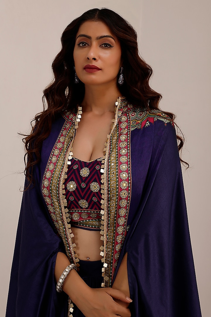 Indigo & Purple Russian Cotton Silk Printed & Embroidered Cape Set by Surkh Syahi at Pernia's Pop Up Shop