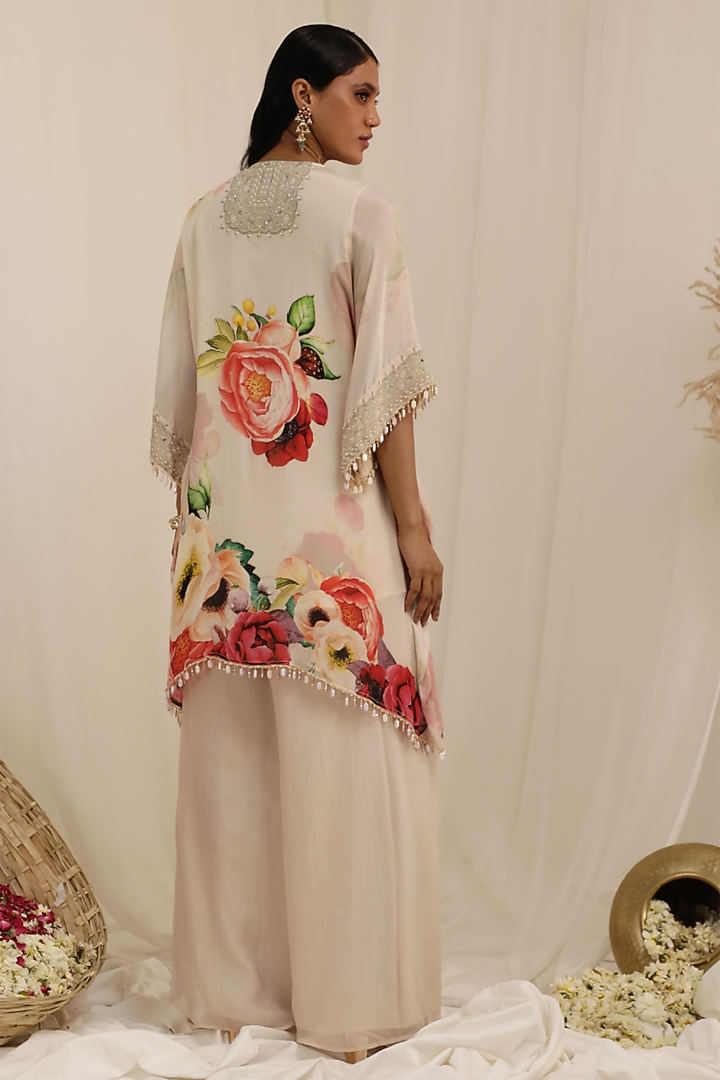 Pale Peach Chinnon Floral Printed & Embroidered Kaftan Set by Surkh Syahi at Pernia's Pop Up Shop