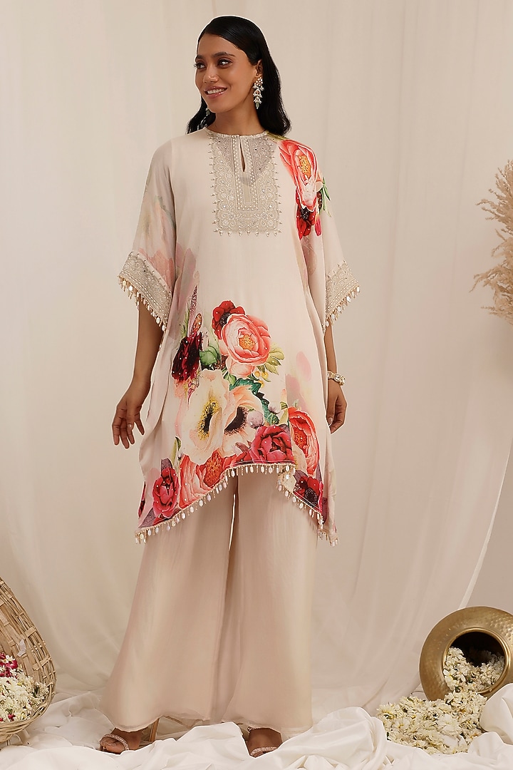 Pale Peach Chinnon Floral Printed & Embroidered Kaftan Set by Surkh Syahi at Pernia's Pop Up Shop