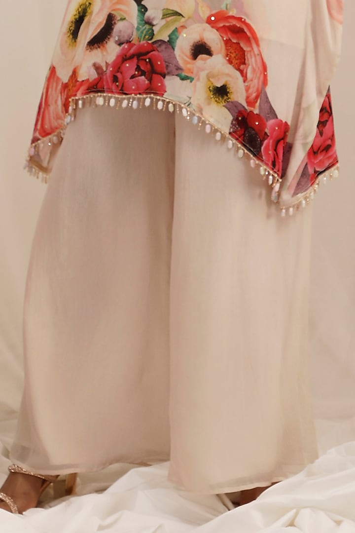 Pale Peach Chinnon Floral Printed & Embroidered Kaftan Set by Surkh Syahi at Pernia's Pop Up Shop