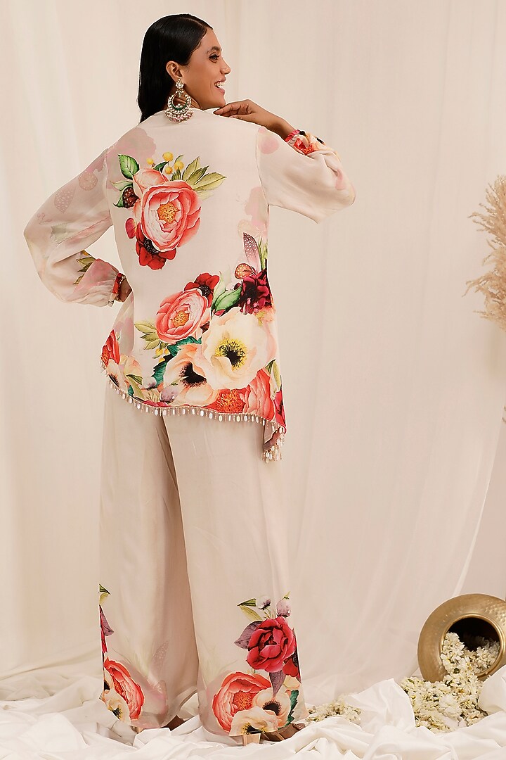 Pale Peach Chinnon Floral Printed & Embroidered Tunic Set by Surkh Syahi at Pernia's Pop Up Shop