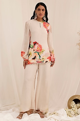 Pale Peach Chinnon Floral Printed & Embroidered Tunic Set by Surkh Syahi