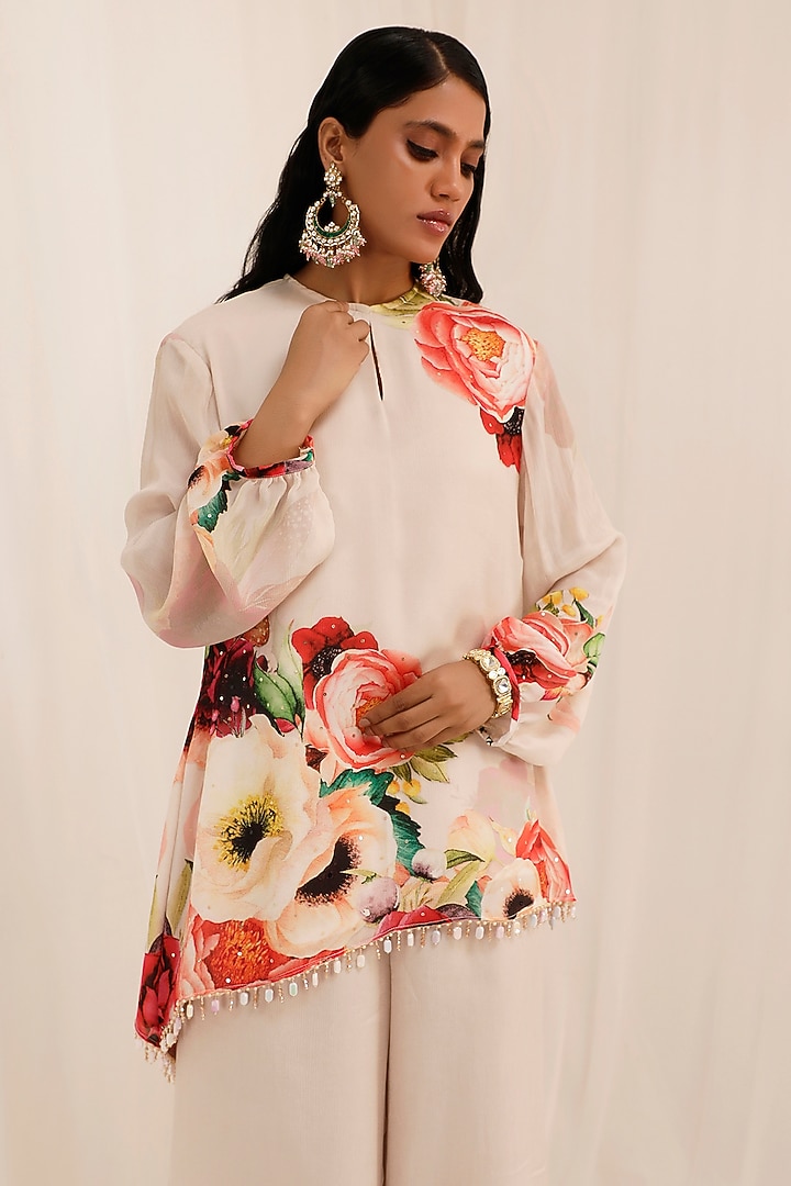 Pale Peach Chinnon Floral Printed & Embroidered Tunic Set by Surkh Syahi at Pernia's Pop Up Shop