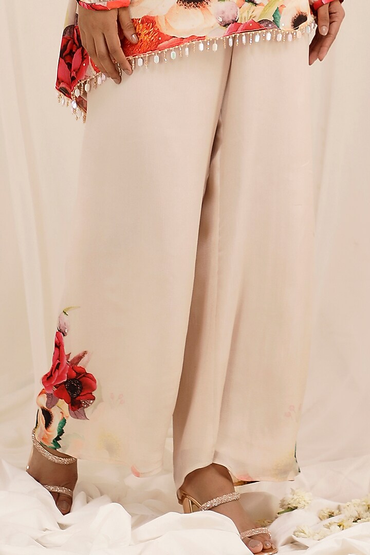 Pale Peach Chinnon Floral Printed & Embroidered Tunic Set by Surkh Syahi at Pernia's Pop Up Shop
