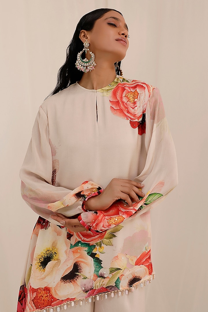 Pale Peach Chinnon Floral Printed & Embroidered Tunic Set by Surkh Syahi at Pernia's Pop Up Shop
