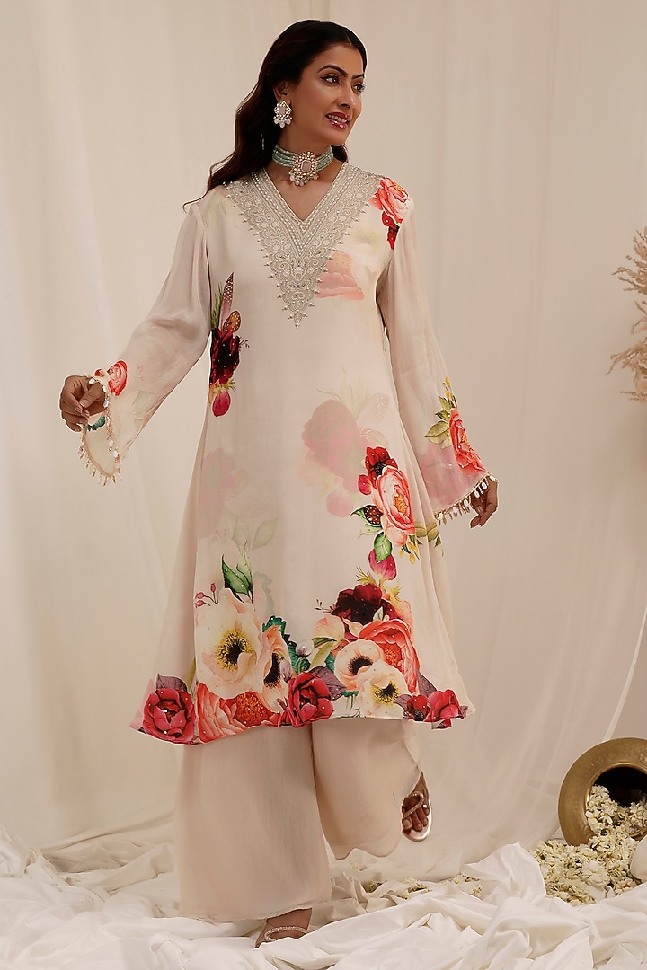 Pale Peach Chinnon Floral Printed & Embroidered Kurta Set by Surkh Syahi at Pernia's Pop Up Shop