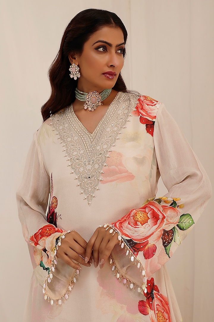 Pale Peach Chinnon Floral Printed & Embroidered Kurta Set by Surkh Syahi at Pernia's Pop Up Shop