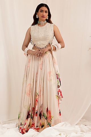 Peach Chinon Lehenga Suit