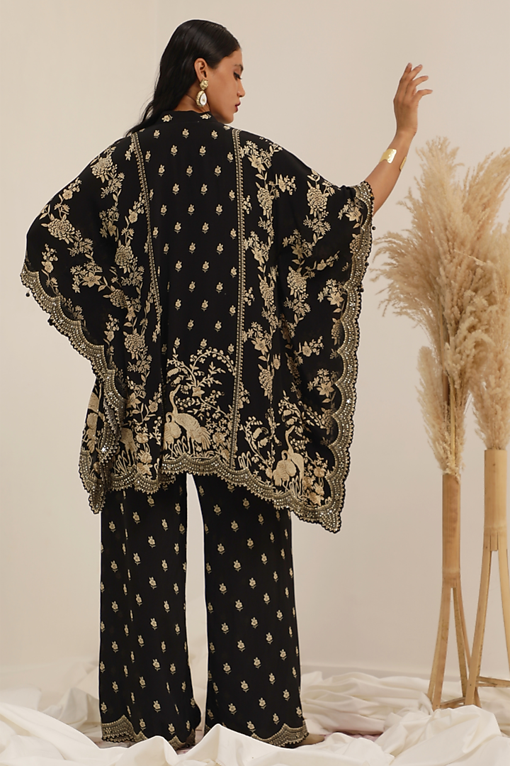 Black Crepe Gara Printed & Sequins Embroidered Kaftan Set by Surkh Syahi at Pernia's Pop Up Shop