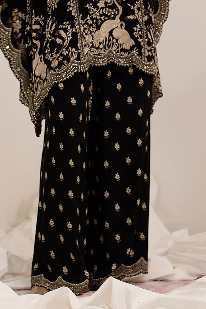 Black Crepe Gara Printed & Sequins Embroidered Kaftan Set by Surkh Syahi at Pernia's Pop Up Shop