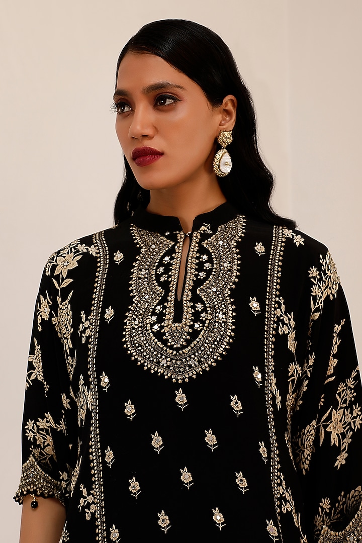 Black Crepe Gara Printed & Sequins Embroidered Kaftan Set by Surkh Syahi at Pernia's Pop Up Shop
