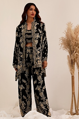 Black Crepe Gara Printed Jacket Set by Surkh Syahi