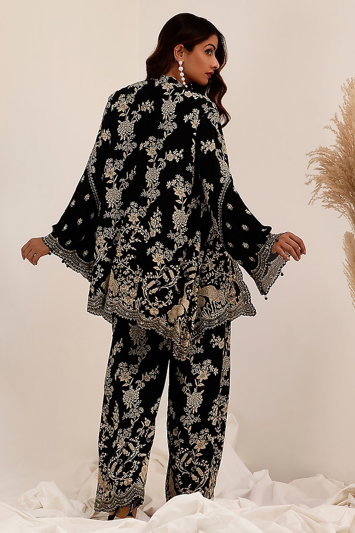 Black Crepe Gara Printed Jacket Set by Surkh Syahi at Pernia's Pop Up Shop