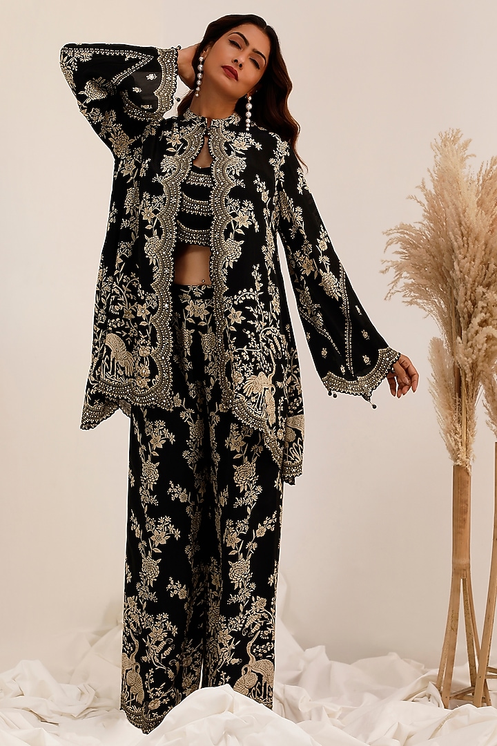 Black Crepe Gara Printed Jacket Set by Surkh Syahi at Pernia's Pop Up Shop