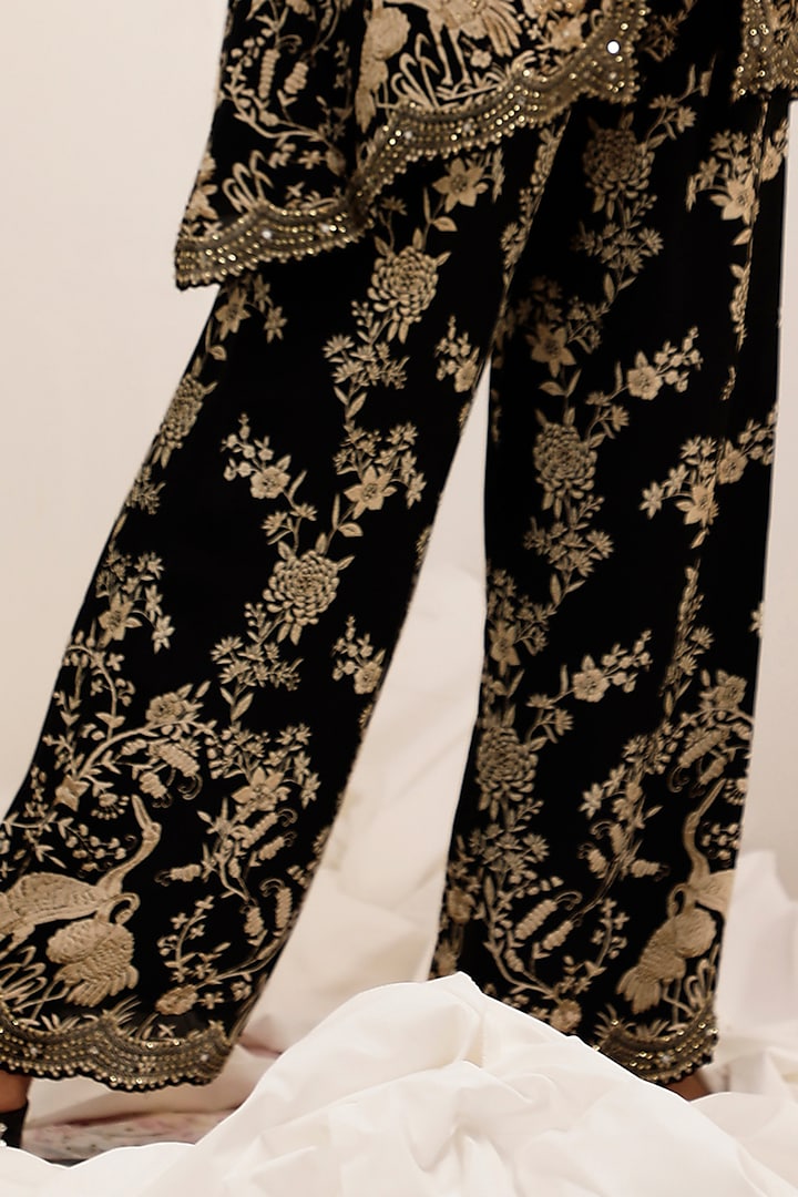 Black Crepe Gara Printed Jacket Set by Surkh Syahi at Pernia's Pop Up Shop