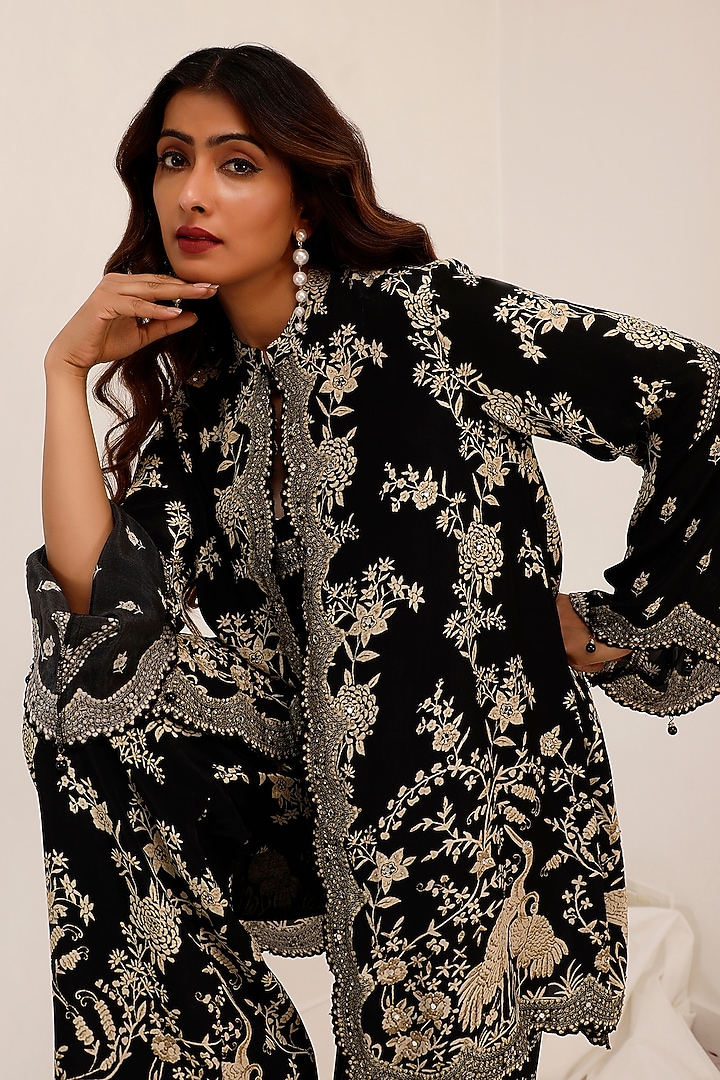 Black Crepe Gara Printed Jacket Set by Surkh Syahi at Pernia's Pop Up Shop