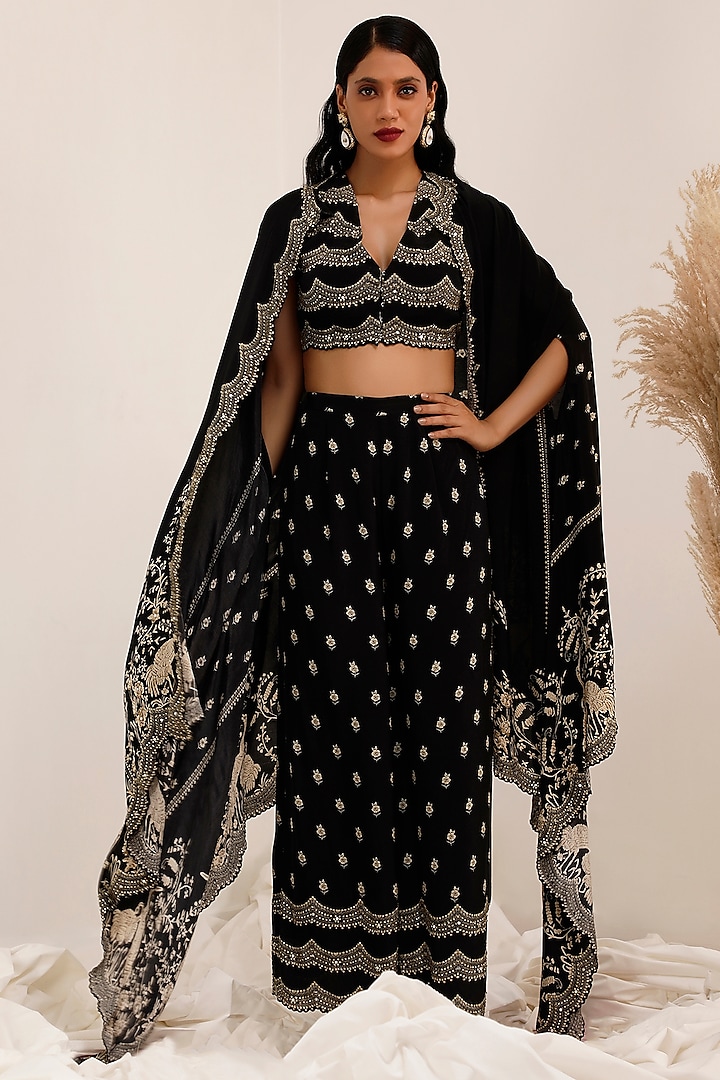 Black Crepe Gara Printed & Sequins Embroidered Cape Set by Surkh Syahi at Pernia's Pop Up Shop