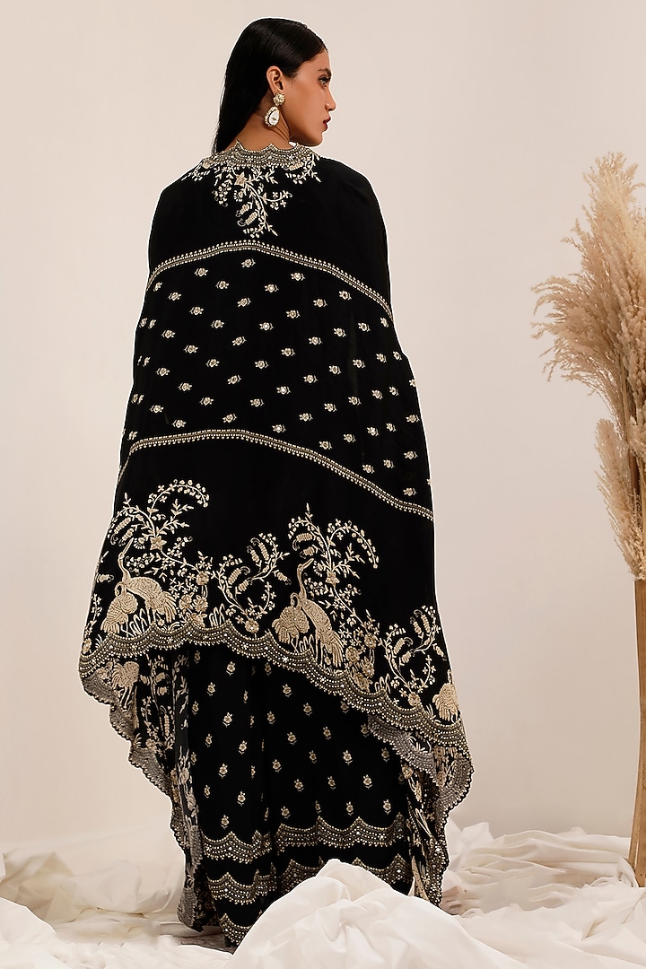 Black Crepe Gara Printed Cape Set by Surkh Syahi at Pernia's Pop Up Shop