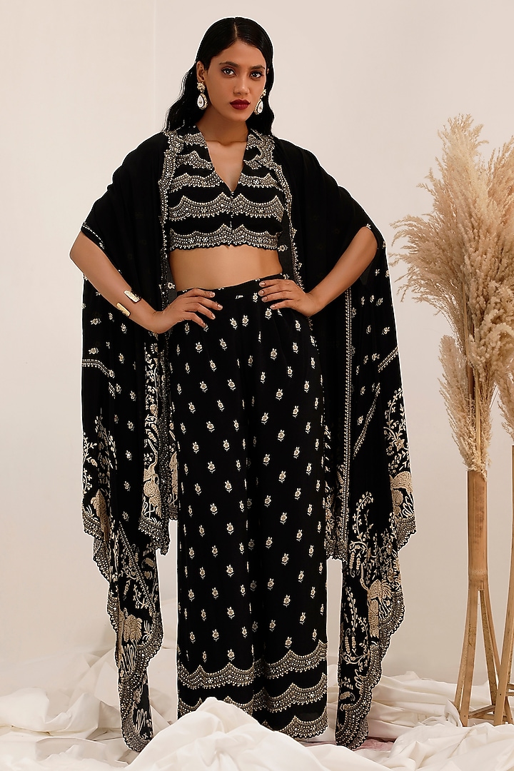 Black Crepe Gara Printed Cape Set by Surkh Syahi at Pernia's Pop Up Shop