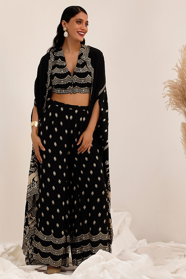 Black Crepe Gara Printed Cape Set by Surkh Syahi at Pernia's Pop Up Shop