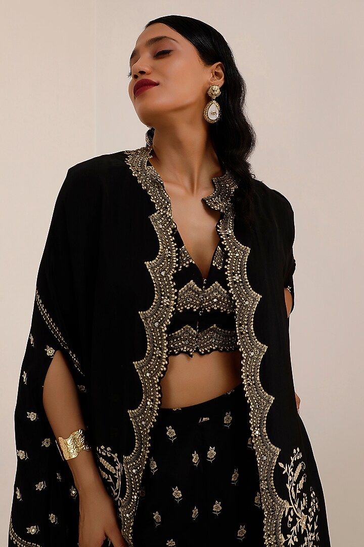 Black Crepe Gara Printed Cape Set by Surkh Syahi at Pernia's Pop Up Shop