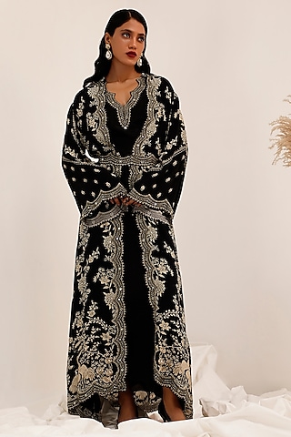 Black Crepe Gara Printed Jacket Set by Surkh Syahi