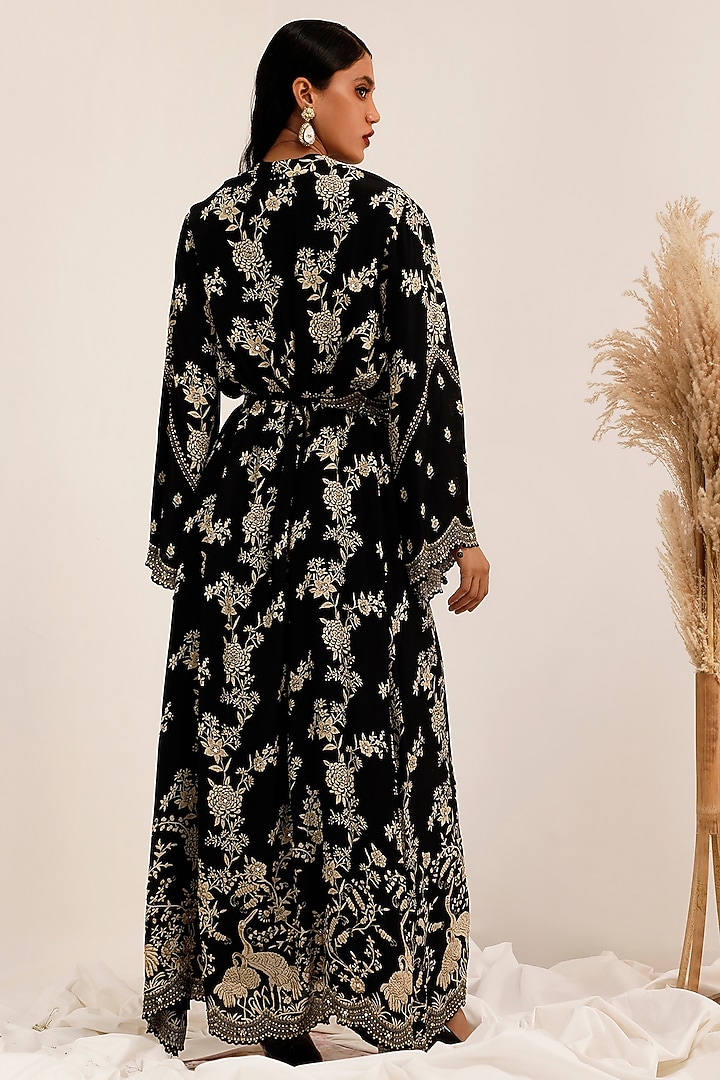 Black Crepe Gara Printed Jacket Set by Surkh Syahi at Pernia's Pop Up Shop