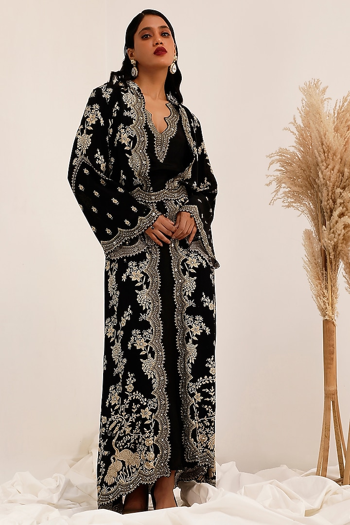 Black Crepe Gara Printed Jacket Set by Surkh Syahi at Pernia's Pop Up Shop