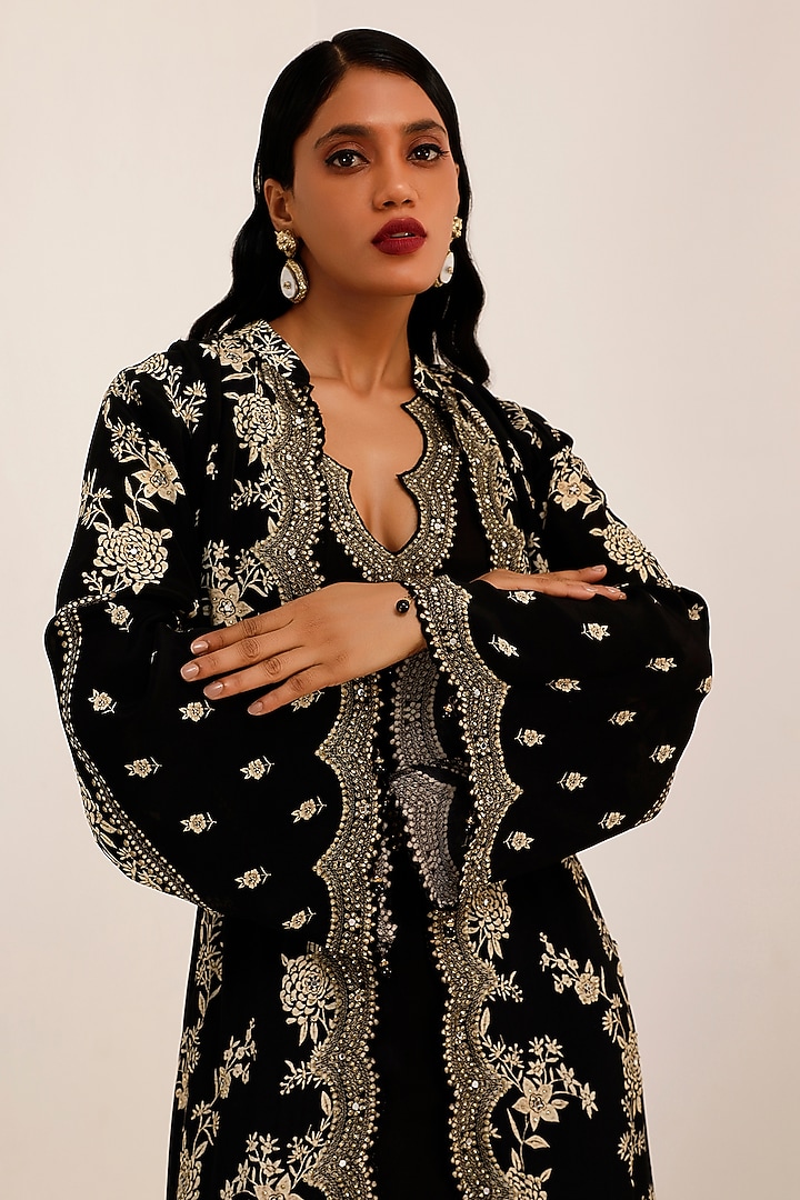 Black Crepe Gara Printed Jacket Set by Surkh Syahi at Pernia's Pop Up Shop