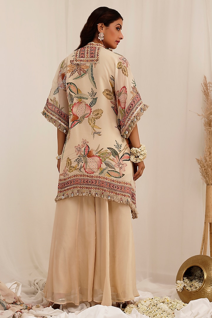 Pale Peach Chinon Floral Printed Kaftan Set by Surkh Syahi at Pernia's Pop Up Shop