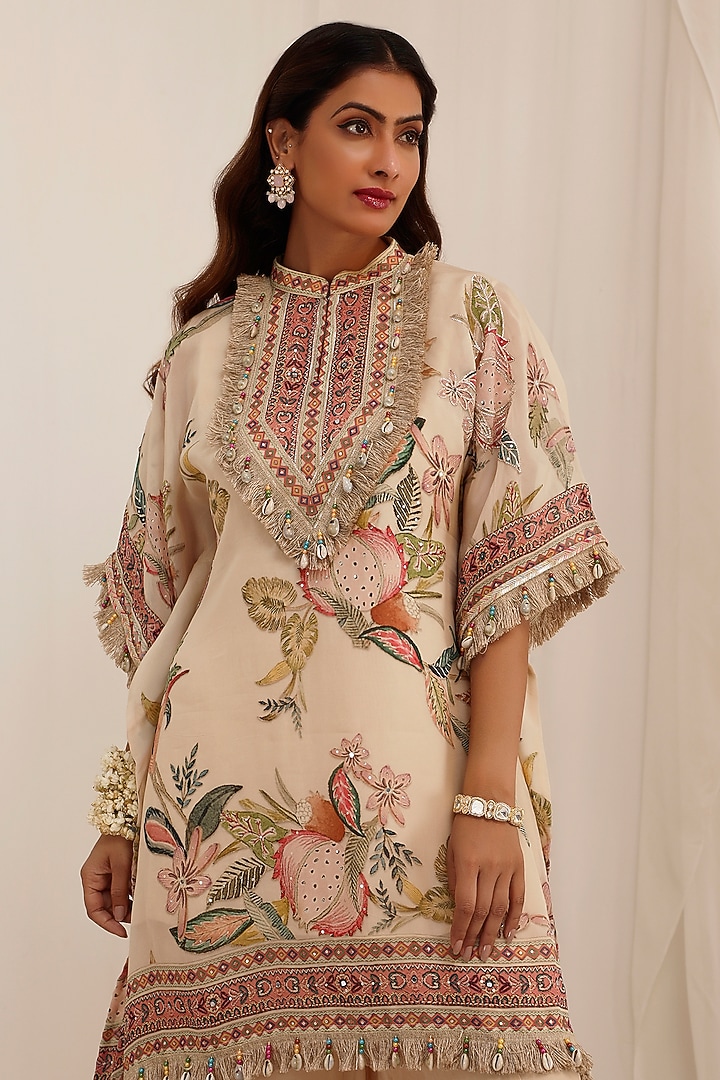 Pale Peach Chinon Floral Printed Kaftan Set by Surkh Syahi at Pernia's Pop Up Shop