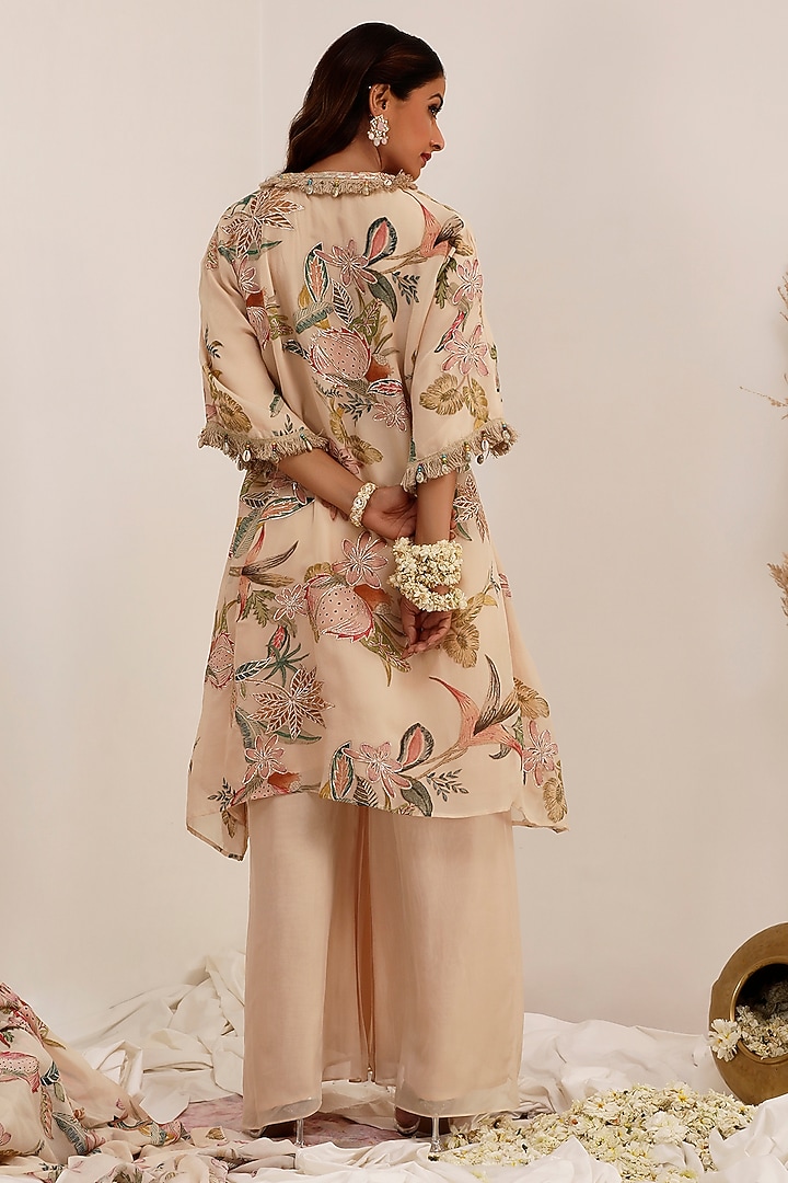 Pale Peach Chinon Floral Printed A-Line Kurta Set by Surkh Syahi at Pernia's Pop Up Shop