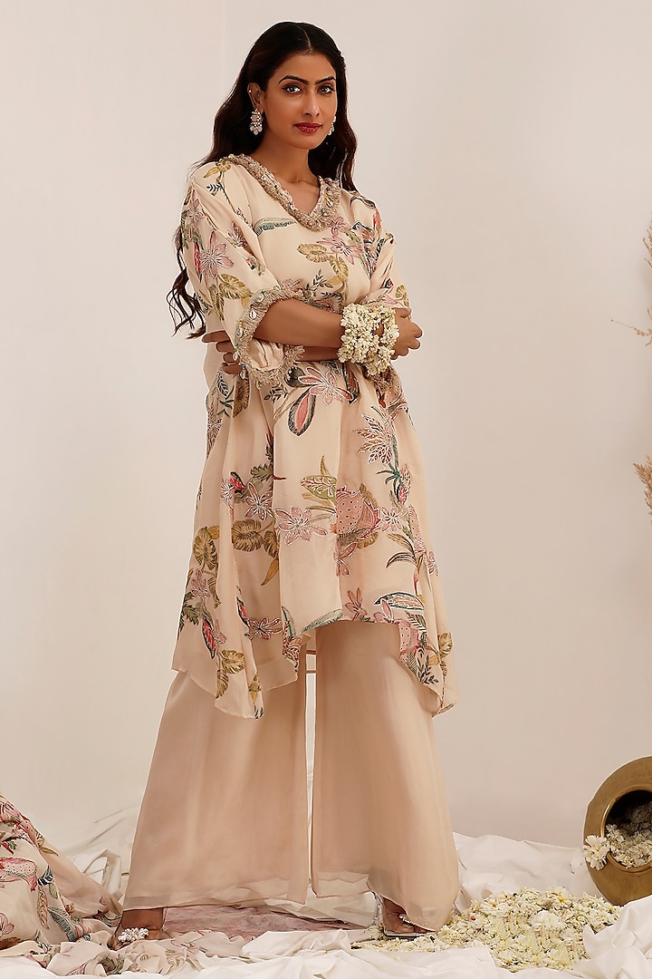 Pale Peach Chinon Floral Printed A-Line Kurta Set by Surkh Syahi at Pernia's Pop Up Shop