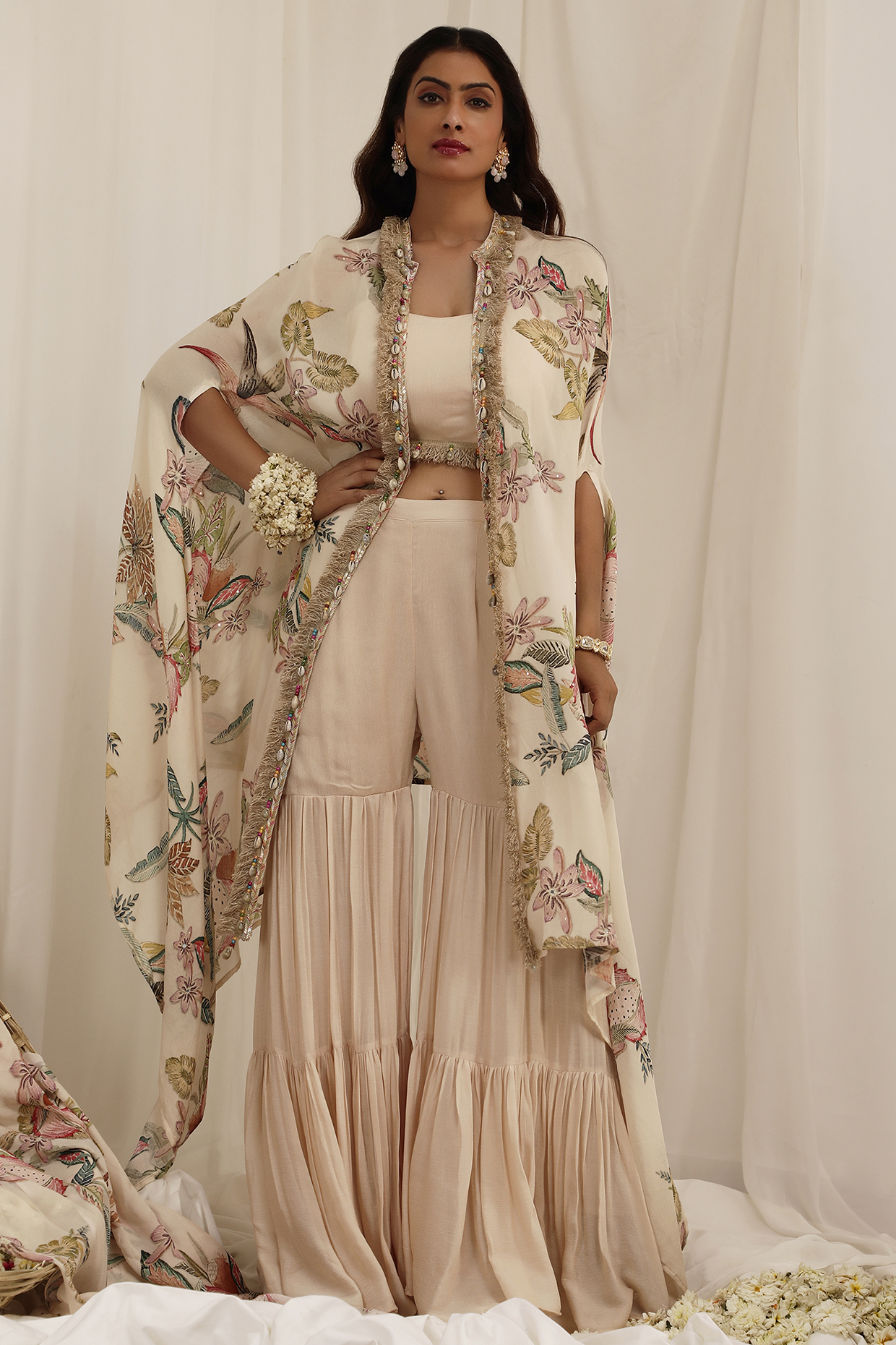 Pale Peach Organza Floral Printed & Sequins Embroidered Cape Set by Surkh Syahi at Pernia's Pop Up Shop