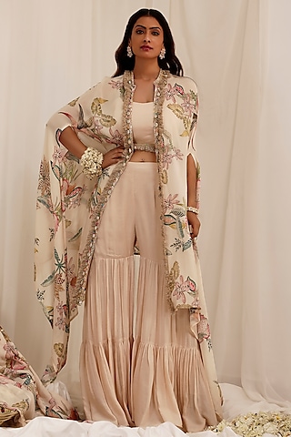Pale Peach Chinon Floral Printed Cape Set by Surkh Syahi