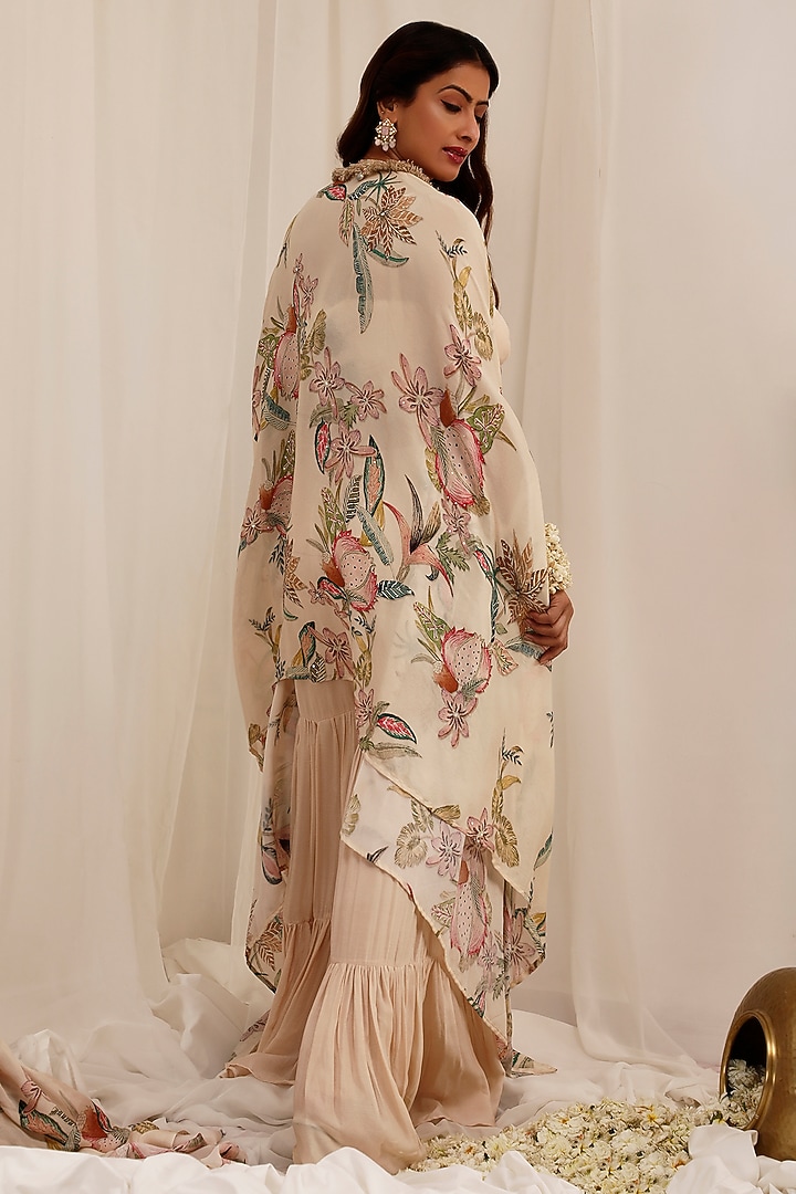 Pale Peach Chinon Floral Printed Cape Set by Surkh Syahi at Pernia's Pop Up Shop