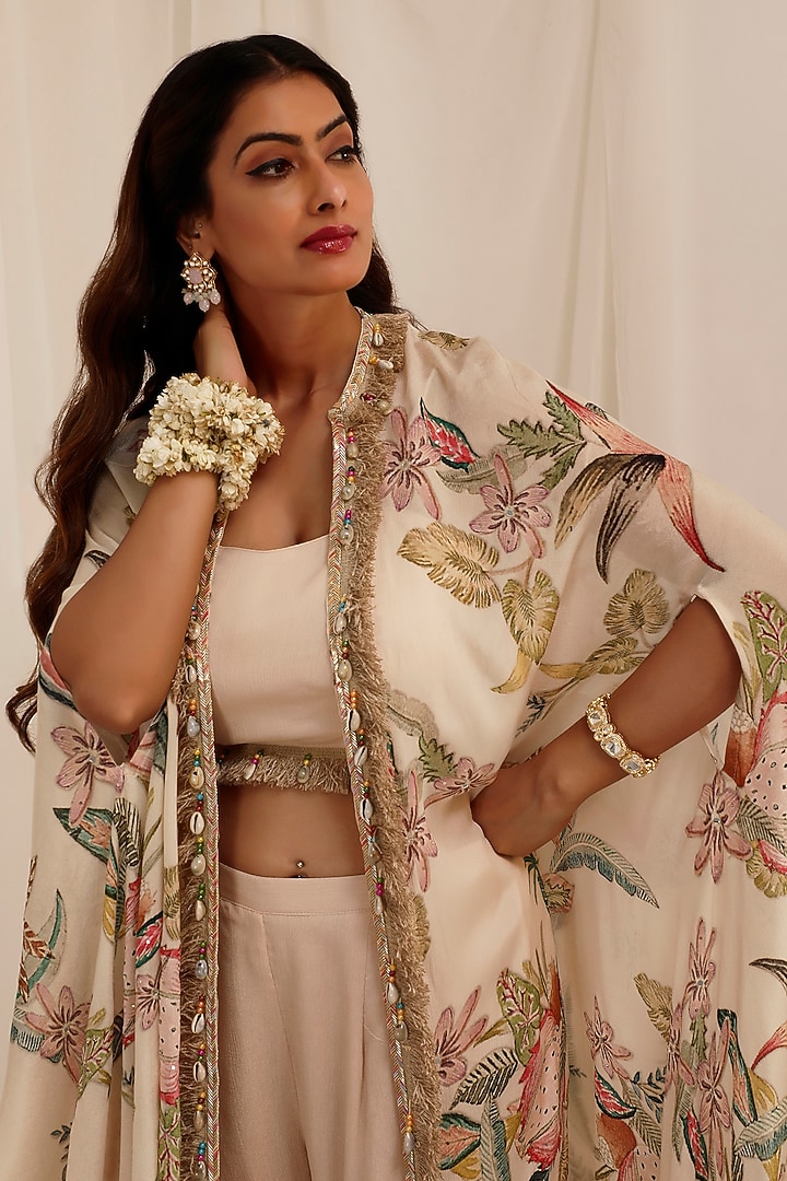 Pale Peach Chinon Floral Printed Cape Set by Surkh Syahi at Pernia's Pop Up Shop
