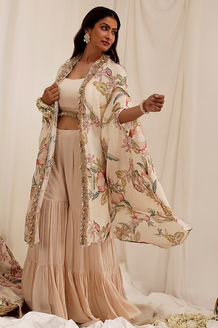 Pale Peach Chinon Floral Printed Cape Set by Surkh Syahi at Pernia's Pop Up Shop
