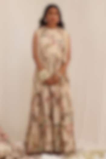 Pale Peach Organza Floral Printed Party Wear Anarkali Set by Surkh Syahi at Pernia's Pop Up Shop