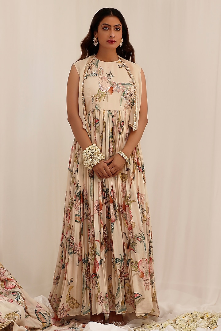 Pale Peach Organza Floral Printed Party Wear Anarkali Set by Surkh Syahi at Pernia's Pop Up Shop