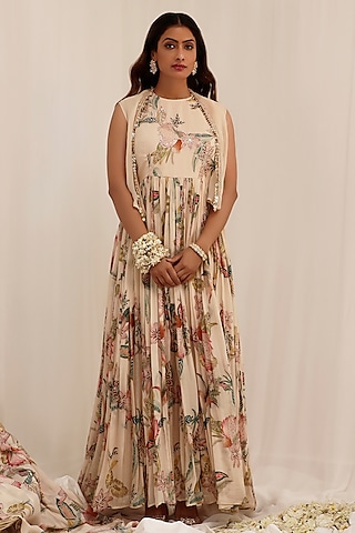 Pale Peach Chinon Floral Printed Anarkali With Jacket by Surkh Syahi