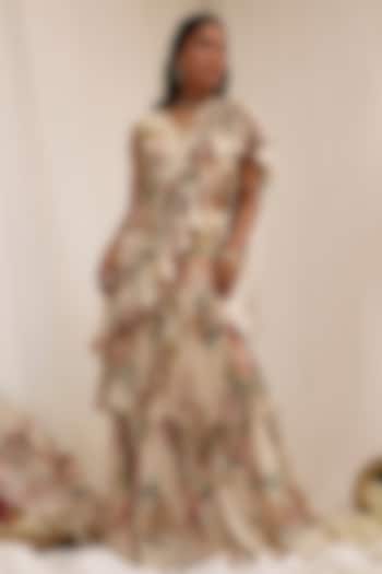 Pale Peach Organza & Chinon Floral Printed Draped Party Wear Saree Set by Surkh Syahi at Pernia's Pop Up Shop